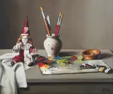 Manuel Blesa, Still Life with Clown Doll, Artist’s Palette and Brushes in a Ceramic Vase, oil on canvas