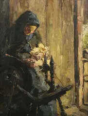 Anton Abraham van Anrooy, Elderly Lady spinning Wool in an Interior Setting, oil on board