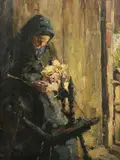 Anton Abraham van Anrooy, Elderly Lady spinning Wool in an Interior Setting, oil on board