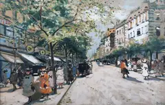 Antal Berkes, Tree-lined Boulevard with Figures, watercolour with gouache and oil on card