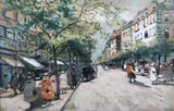 Antal Berkes, Tree-lined Boulevard with Figures, watercolour with gouache and oil on card