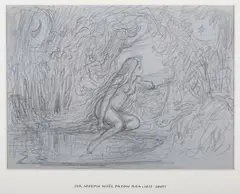 Joseph Noel Paton, Nude Female Figure in a Moonlit Landscape, pencil