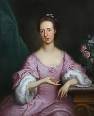 Thomas Bardwell, Three Quarter Length Portrait of a Lady wearing a Pink Dress, her left Elbow resting on a Table adorned with Flowers, 1766, oil on canvas