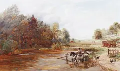Charles Thomas Burt, Farm Landscape with Horses watering, oil on canvas