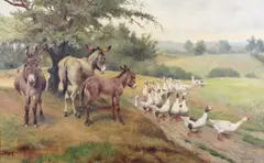 William Weekes, Rustic Landscape with Donkeys and Geese, oil on canvas