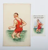 Donald McGill, I can't swim, but I'm not afraid, I've got a floating Kidney, gouache on card
