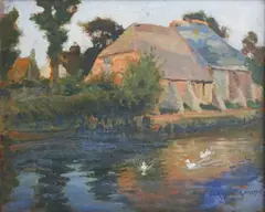 Norman Garstin, Buildings beside a River, oil on board