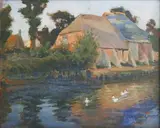 Norman Garstin, Buildings beside a River, oil on board