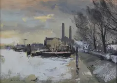 Ian Houston, The Thames at Chelsea, Winter Afternoon, oil on board