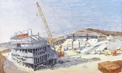 Julian Bell, Falmer Stadium under Construction, 21st century oil on board