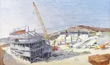 Julian Bell, Falmer Stadium under Construction, 21st century oil on board