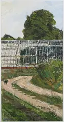 Olwyn Bowey, Greenhouse with Cat, gouache with pastel