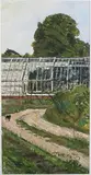 Olwyn Bowey, Greenhouse with Cat, gouache with pastel