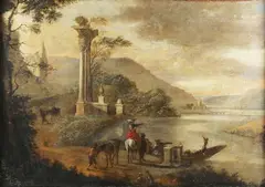 Capriccio Landscape with Classical Ruin, Lake, Figures and Punt by Johannes Lingelbach, oil on canvas, sold Sep 2023