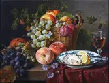 Still Life with Basket of Fruit, Chinese Bowl with Oyster and Lemons, and Wine Glass by Sebastiaan Theodorus Voorn Boers, oil on panel, sold Sep 2023