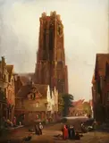James Burton, Rheims Street scene with Figures and Cathedral, oil on canvas