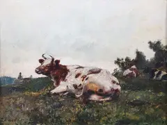 Alfred William Strutt, Recumbent Cow in a Meadow, oil on canvas