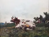 Alfred William Strutt, Recumbent Cow in a Meadow, oil on canvas