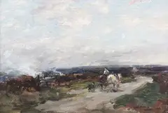 Owen Bowen, Moorland Landscape with Horse, Rider and Dog on a Road, 1916, oil on board