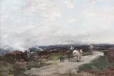 Owen Bowen, Moorland Landscape with Horse, Rider and Dog on a Road, 1916, oil on board