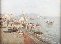 Pasquale D'Angelo, Fishermen on the Shore bringing in Nets in the Bay of Naples with Mount Vesuvius beyond, oil on canvas