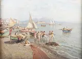 Pasquale D'Angelo, Fishermen on the Shore bringing in Nets in the Bay of Naples with Mount Vesuvius beyond, oil on canvas
