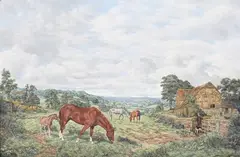 Brian Tovey, From Weatheroak Hill, nr Wythall' (Horses in an Extensive Landscape), oil on canvas