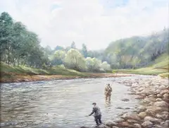 William E. Barrington-Browne, Coming to the Gaff' (Fly Fishing), oil on canvas