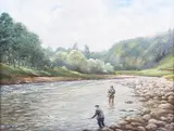 William E. Barrington-Browne, Coming to the Gaff' (Fly Fishing), oil on canvas