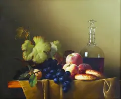Jean Grimal, Still Life with Grapes, Peaches, Bread and Decanter, oil on canvas