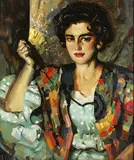 José Cruz Herrera, Half Length Portrait of a Lady holding a Fan, oil on panel