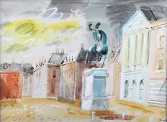 Fritz Gartz, Statue on a Plinth in a Town Square, watercolour with gouache