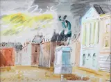 Fritz Gartz, Statue on a Plinth in a Town Square, watercolour with gouache