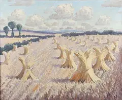 Landscape with Haystacks by Norman Lloyd, early/mid-20th century oil on canvas, sold May 2023