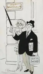 Osbert Lancaster, Picture to Yourself, the Cloud-capped Towers, the Gorgeous Offices…' and 'What party he represents is quite irrelevant; all one needs to know is what Property Developers he's got Shares in!, a pair of mid-20th century ink with crayon cartoon illustrations