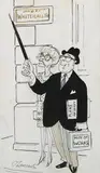 Osbert Lancaster, Picture to Yourself, the Cloud-capped Towers, the Gorgeous Offices…' and 'What party he represents is quite irrelevant; all one needs to know is what Property Developers he's got Shares in!, a pair of mid-20th century ink with crayon cartoon illustrations