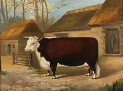 E.S. Gauci, Hereford Cow in a Farmyard, 1889, oil on canvas