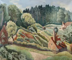 Guy Seymour Warre Malet, Rural Landscape with Cottages and Figures, oil on canvas