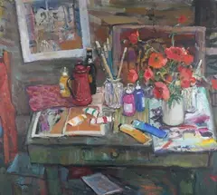 Connie Simmers, Studio Table with Coffee Pot, oil on canvas
