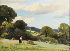 Ernest Higgins Rigg, Rural Landscape with Labourer Scything, oil on canvas-board