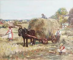 James William Booth, Haymaking Scene, oil on canvas laid onto panel