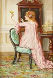 Francis Sydney Muschamp, Young Girl wearing a Pink Dress holding a Pet Canary in an Interior Setting, oil on canvas
