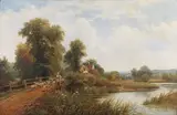 Robert Robin Fenson, Fenland Landscape with Figure and Sheep on a Bridge, 1906, oil on canvas