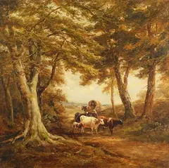 Henry Earp Senior, Cows, Figure and Horse-drawn Wagon on a Tree-lined Country Lane, oil on canvas