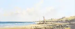 Colin Russell, Coastal Landscape with Sailing Vessels, probably Aldeburgh, Suffolk, oil on canvas