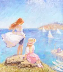 René Legrand, Two Children on a Promontory overlooking a Bay, oil on canvas