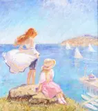René Legrand, Two Children on a Promontory overlooking a Bay, oil on canvas