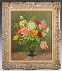 Ruth Klausner, Still Life Study of Spring Flowers in a Glass Vase, oil on canvas
