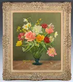 Ruth Klausner, Still Life Study of Spring Flowers in a Glass Vase, oil on canvas