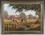 Edward Hersey, Rustic Scene with Boys fishing on a Riverbank in a Field of Cows, late 20th/early 21st century oil on canvas